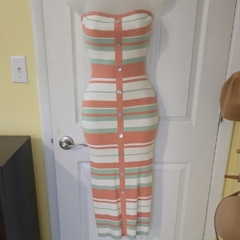 JustFab Strapless Peach and Mint Striped Dress